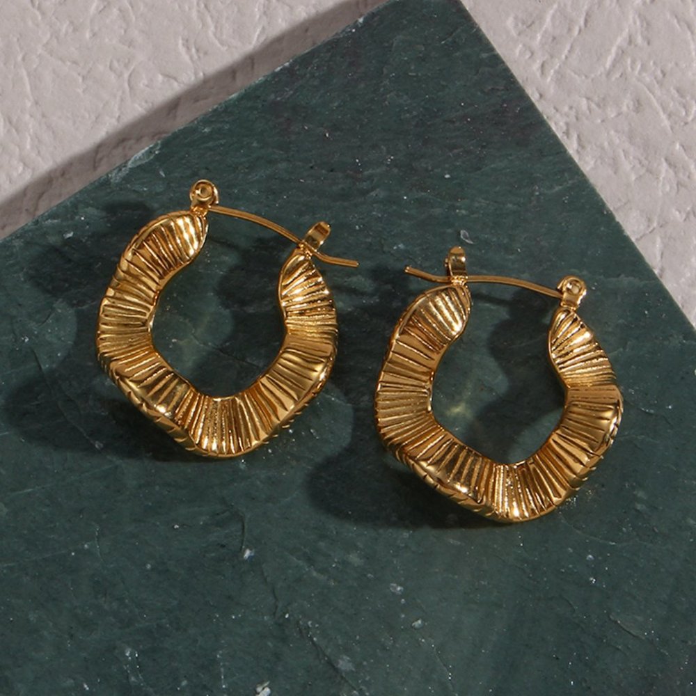 Organic Textured Wave Shape Hoop Earrings 18K Gold PVD Plated Stainless Steel - Picture 10 of 13